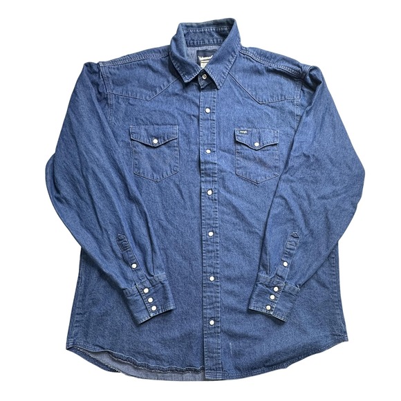VTG Wrangler Shirt Mens 2XL Tall Blue Denim Western Pearl Snap Long Sleeve 2000s - Picture 1 of 10